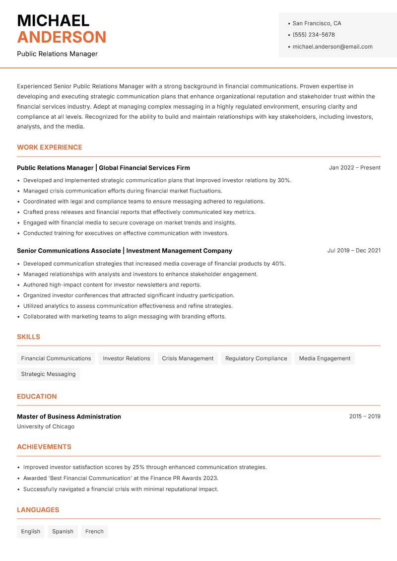 Senior Public Relations Manager resume template — Modern Professional