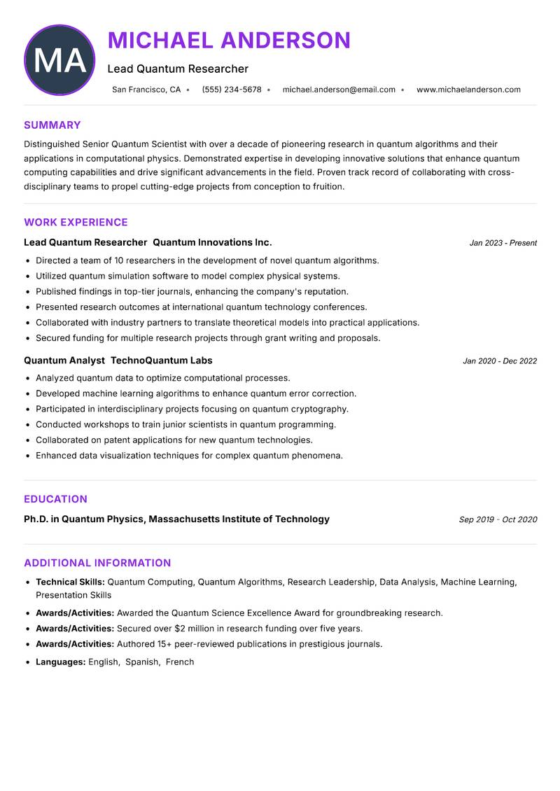 Senior Quantum Scientist resume example — ATS-friendly template