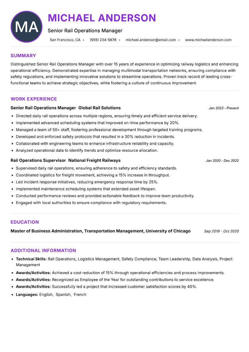 Senior Rail Operations Manager resume example — ATS-friendly template