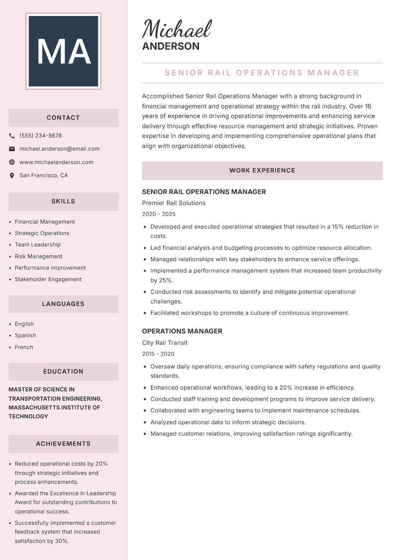 Senior Rail Operations Manager resume template — Executive