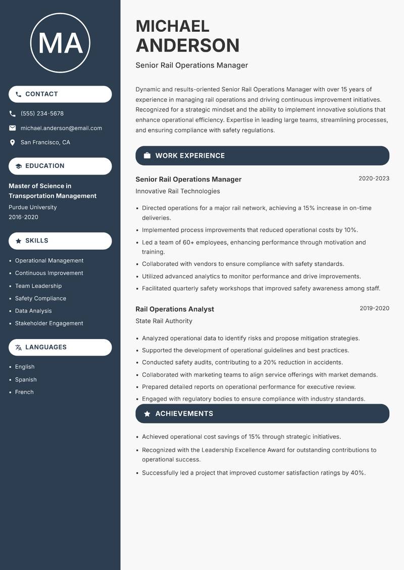 Senior Rail Operations Manager resume template — Compact
