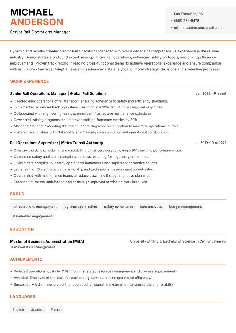 Senior Rail Operations Manager resume template — Modern Professional