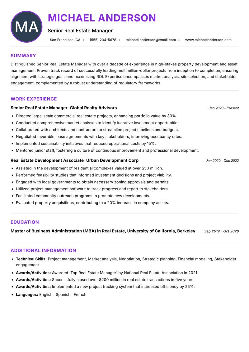 Senior Real Estate Manager resume example — ATS-friendly template