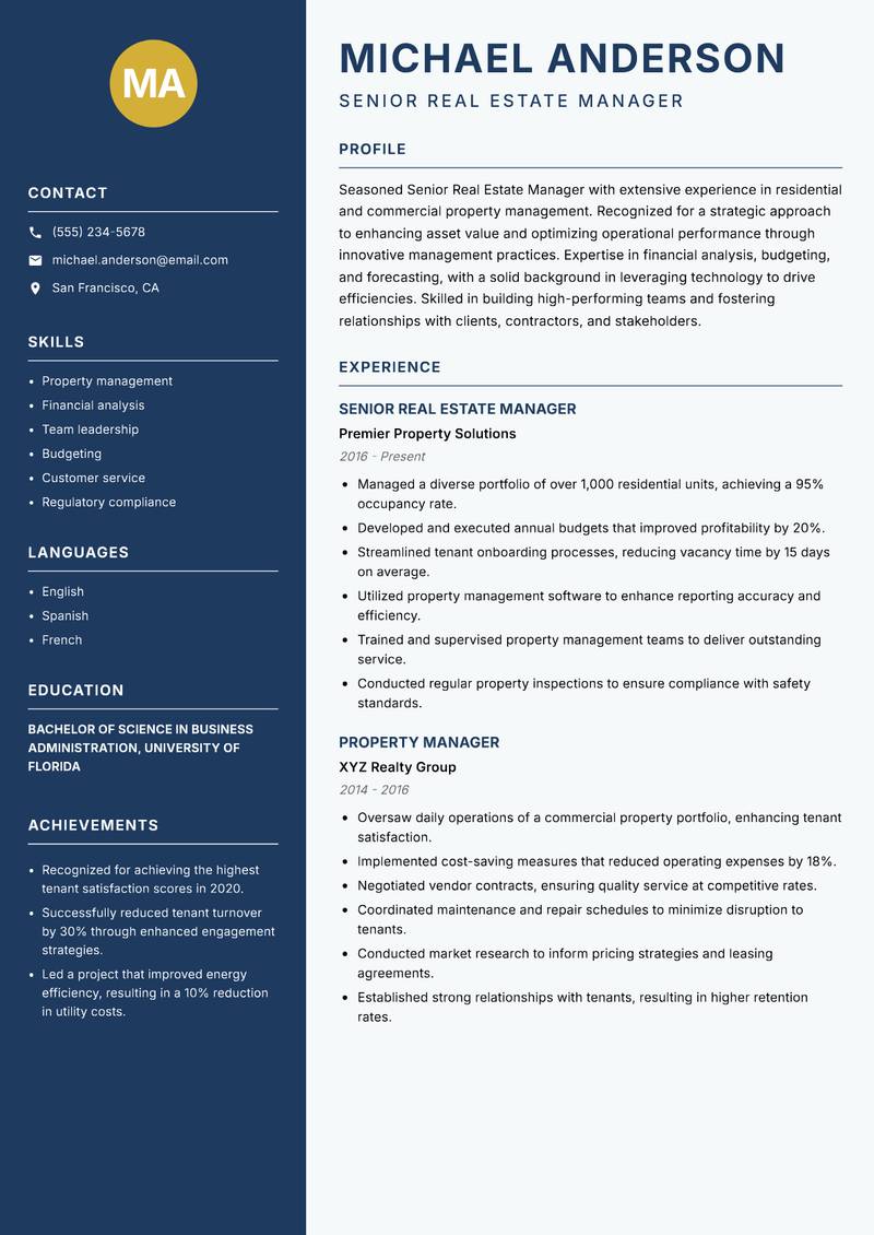 Senior Real Estate Manager resume template — Classic Clean