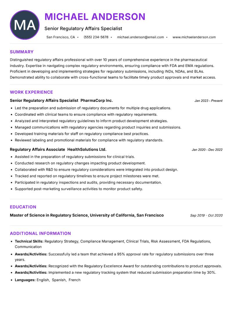 Senior Regulatory Affairs Analyst resume example — ATS-friendly template