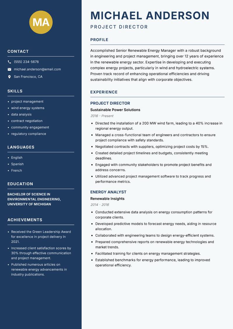 Senior Renewable Energy Manager resume template — Classic Clean