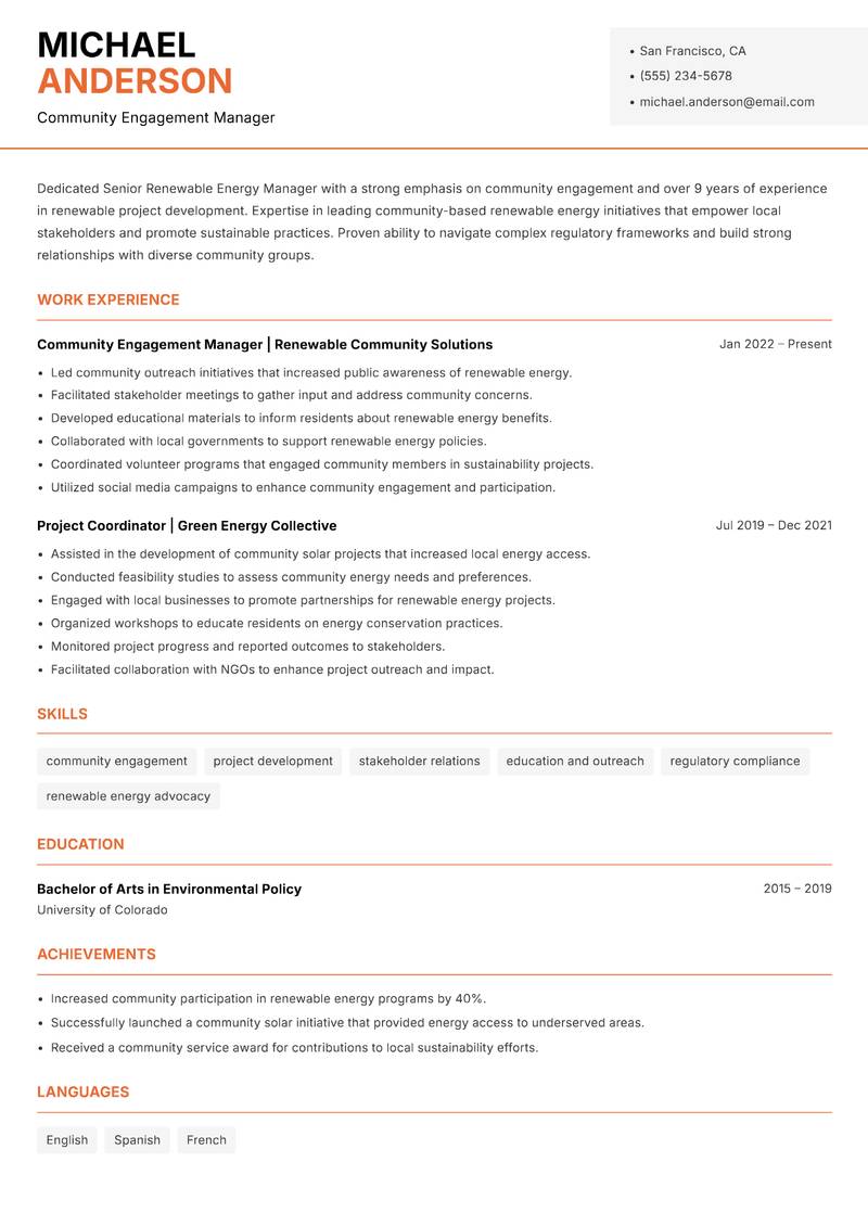Senior Renewable Energy Manager resume template — Modern Professional
