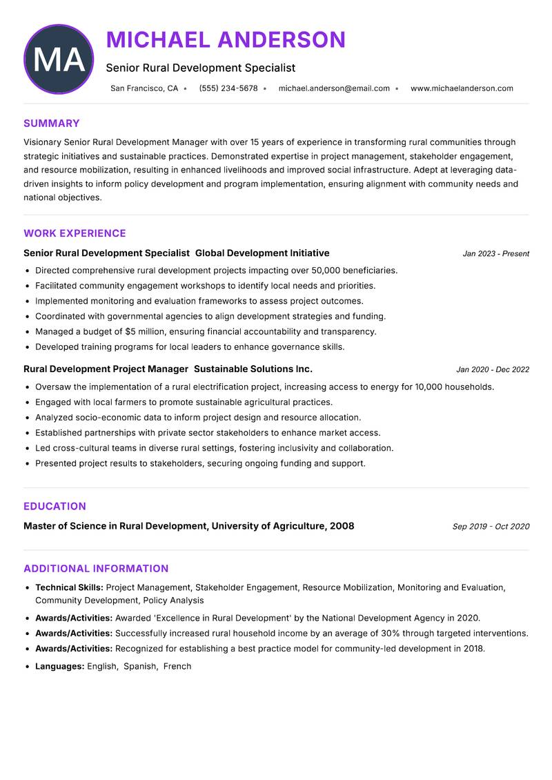 Senior Rural Development Manager resume example — ATS-friendly template