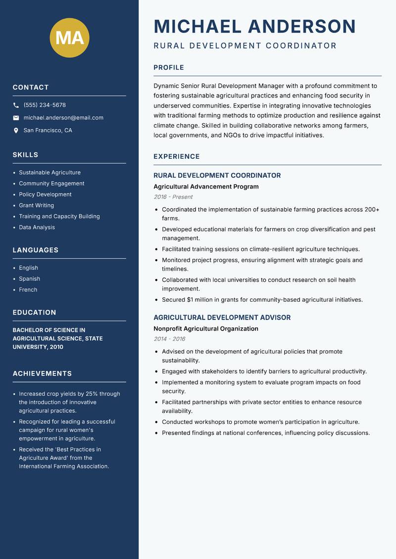 Senior Rural Development Manager resume template — Classic Clean