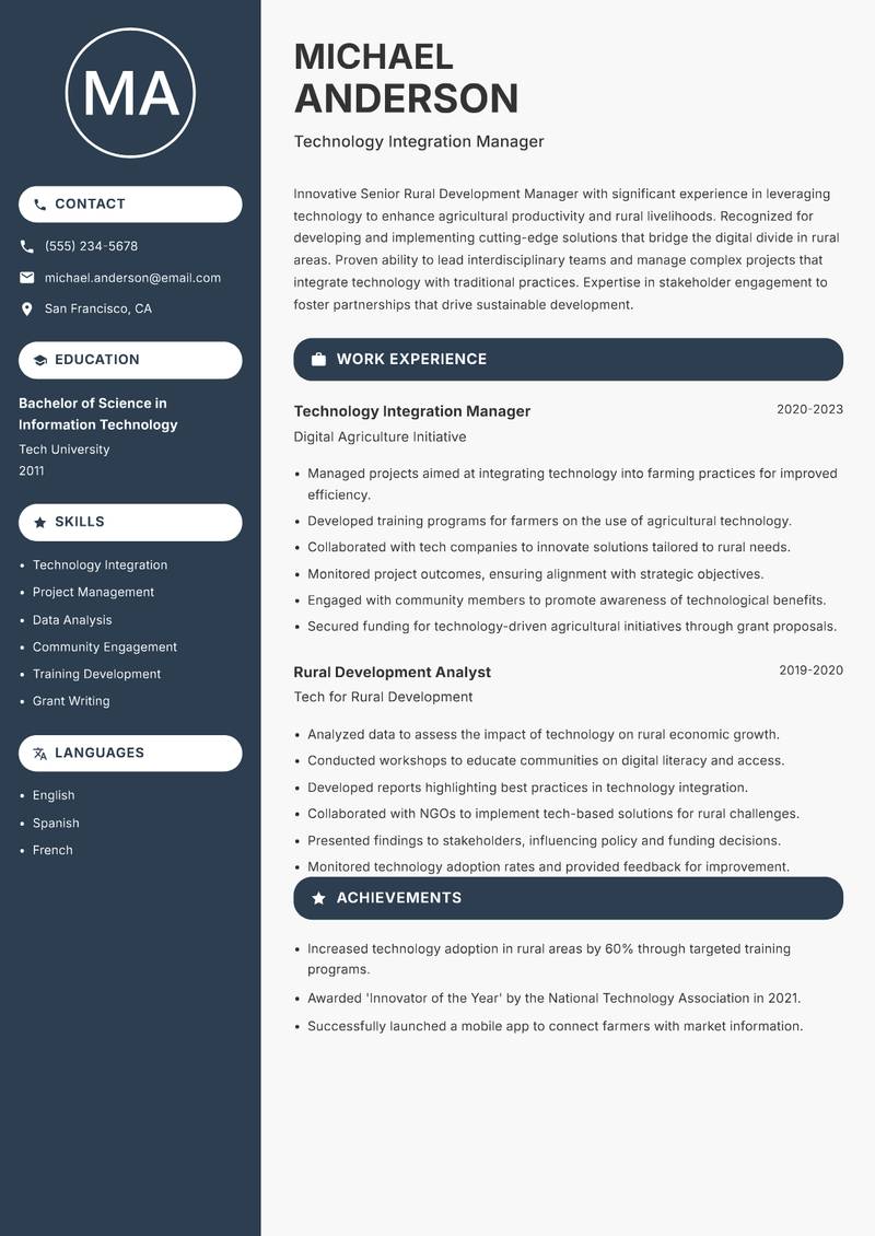 Senior Rural Development Manager resume template — Compact