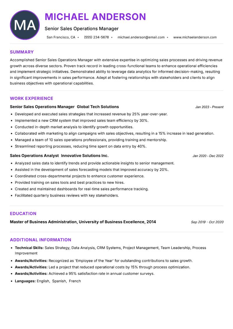 Senior Sales Operations Manager resume example — ATS-friendly template