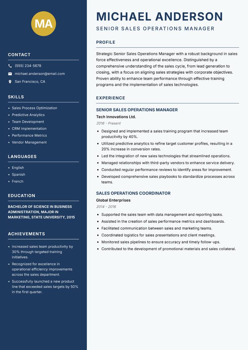 Senior Sales Operations Manager resume template — Classic Clean