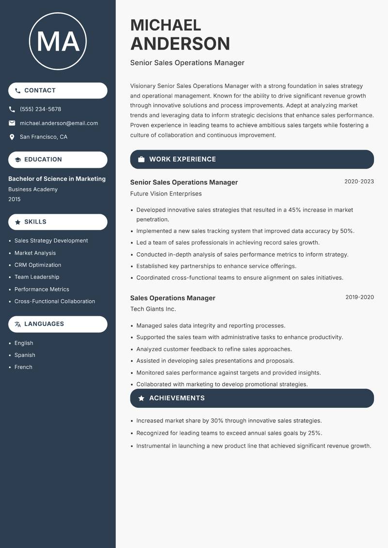 Senior Sales Operations Manager resume template — Compact