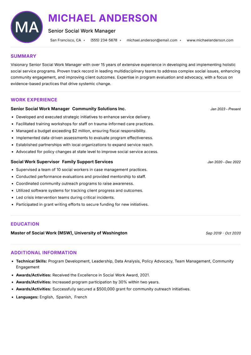 Senior Social Work Manager resume example — ATS-friendly template