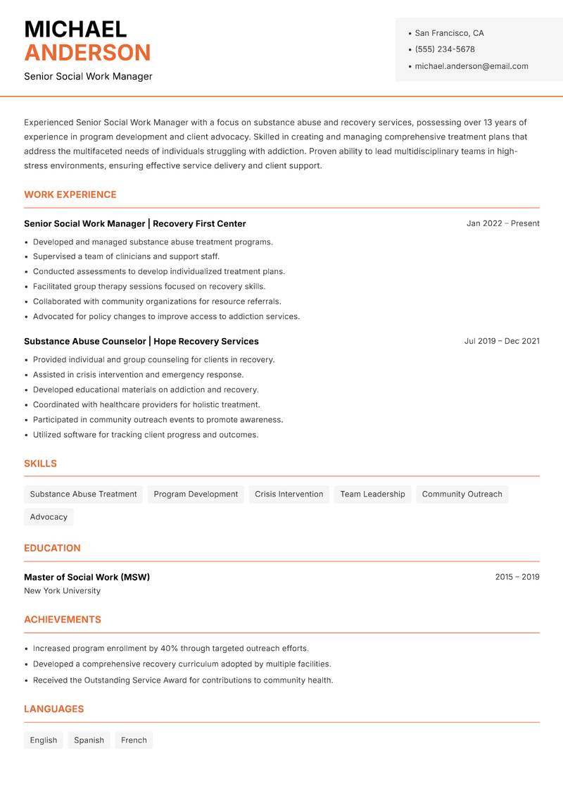 Senior Social Work Manager resume template — Modern Professional