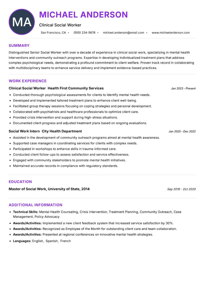 Senior Social Worker resume example — ATS-friendly template