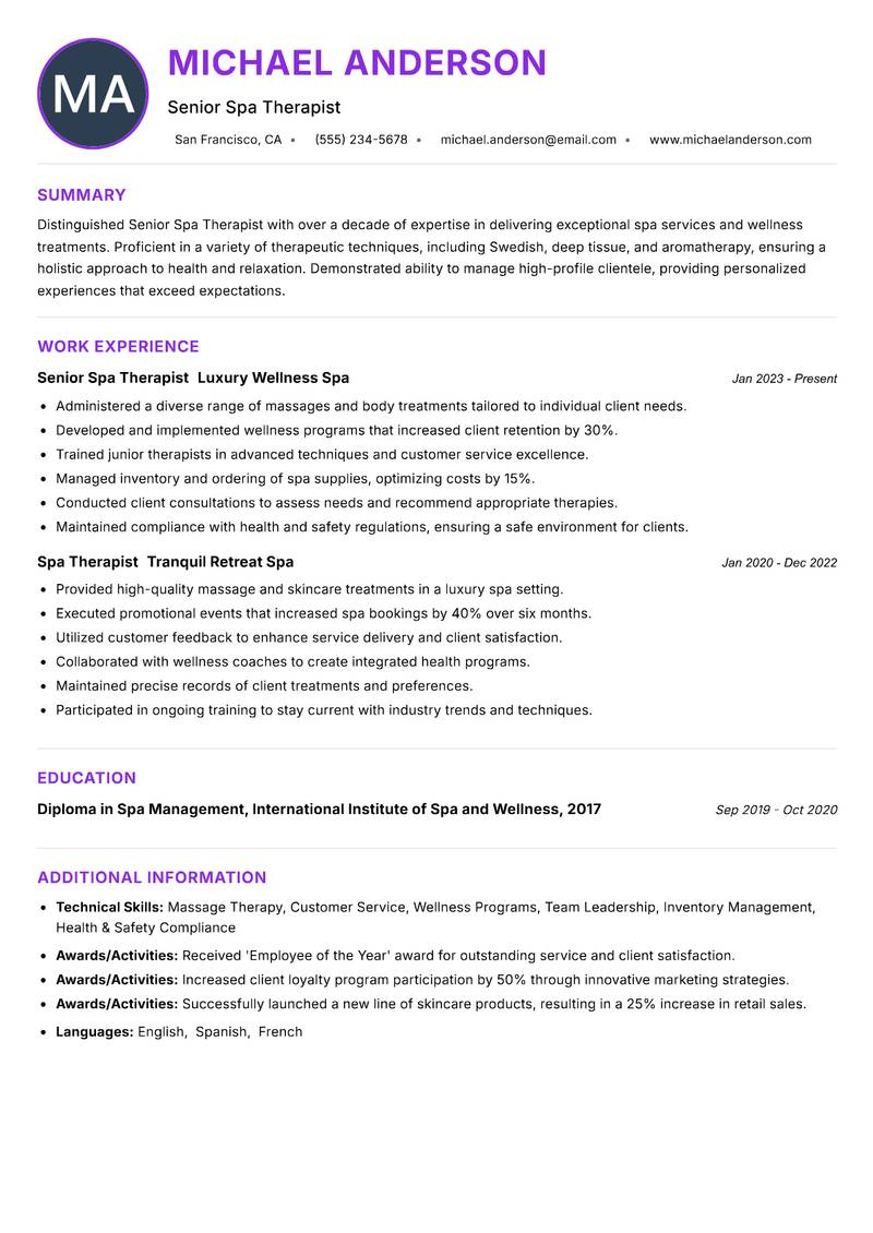 Senior Spa Therapist resume example — ATS-friendly template