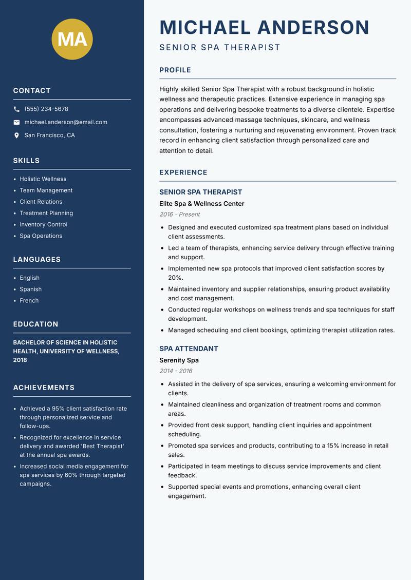 Senior Spa Therapist resume template — Classic Clean