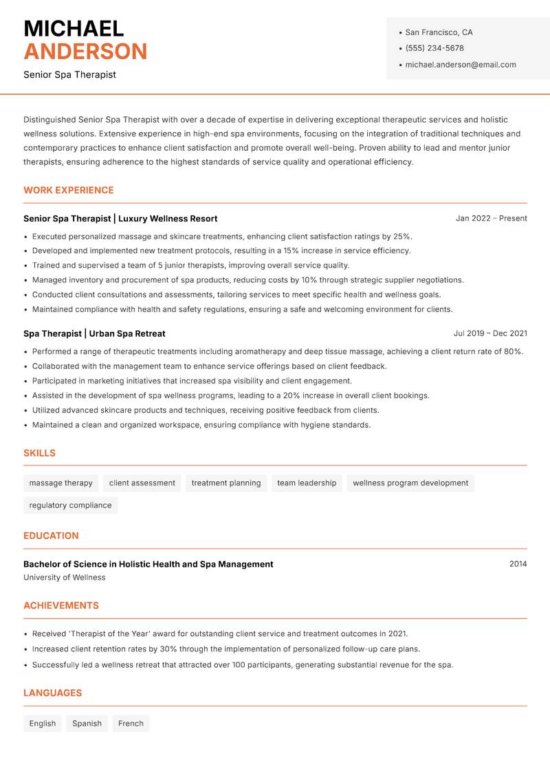Senior Spa Therapist resume template — Modern Professional