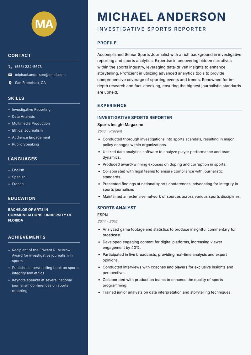 Senior Sports Journalist resume template — Classic Clean