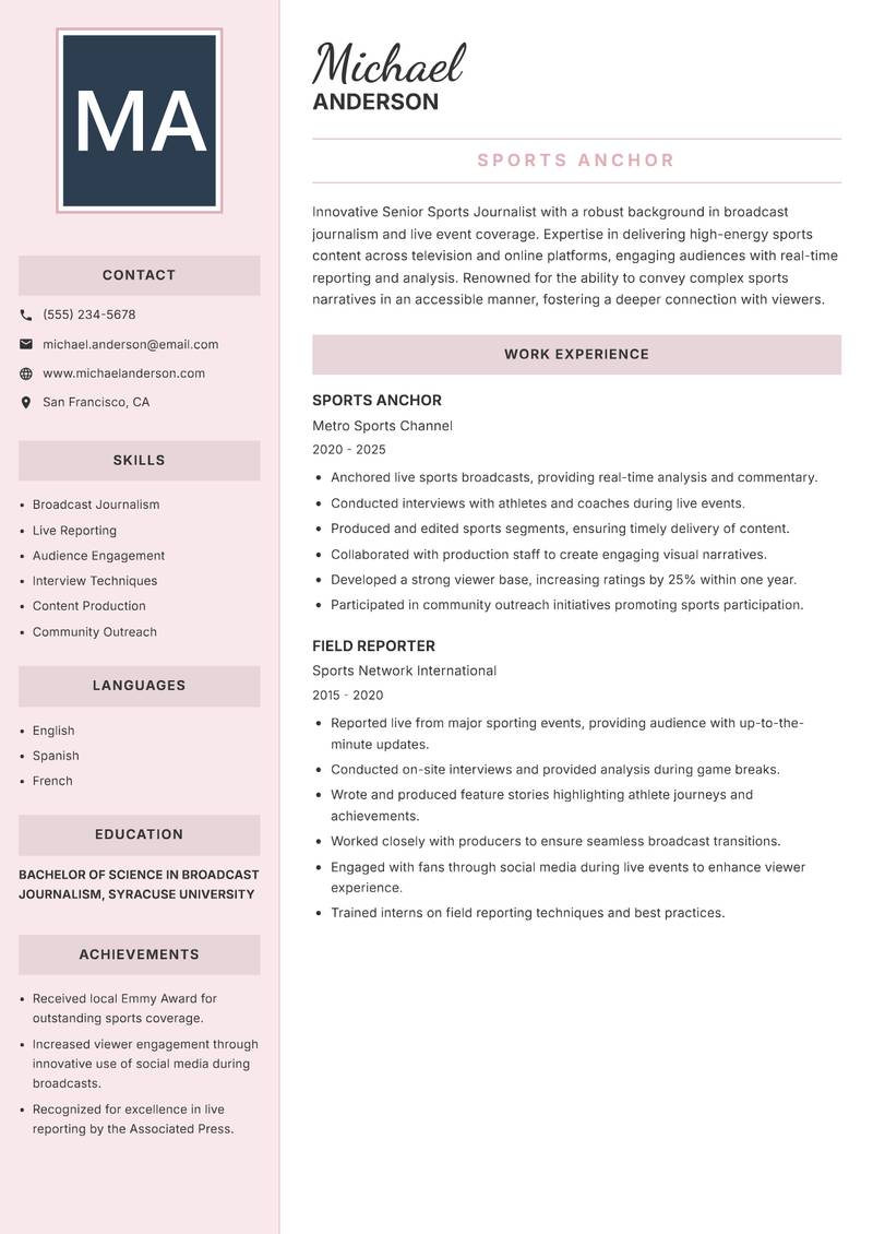 Senior Sports Journalist resume template — Executive