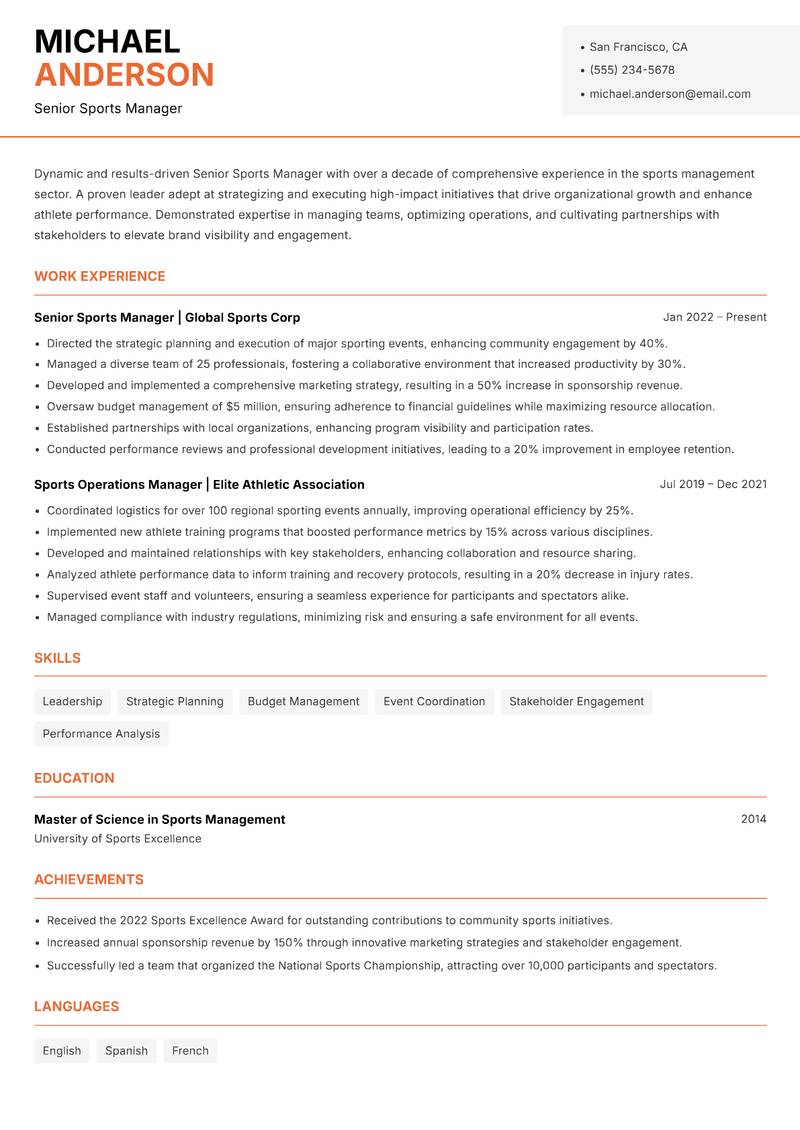 Senior Sports Manager resume template — Modern Professional
