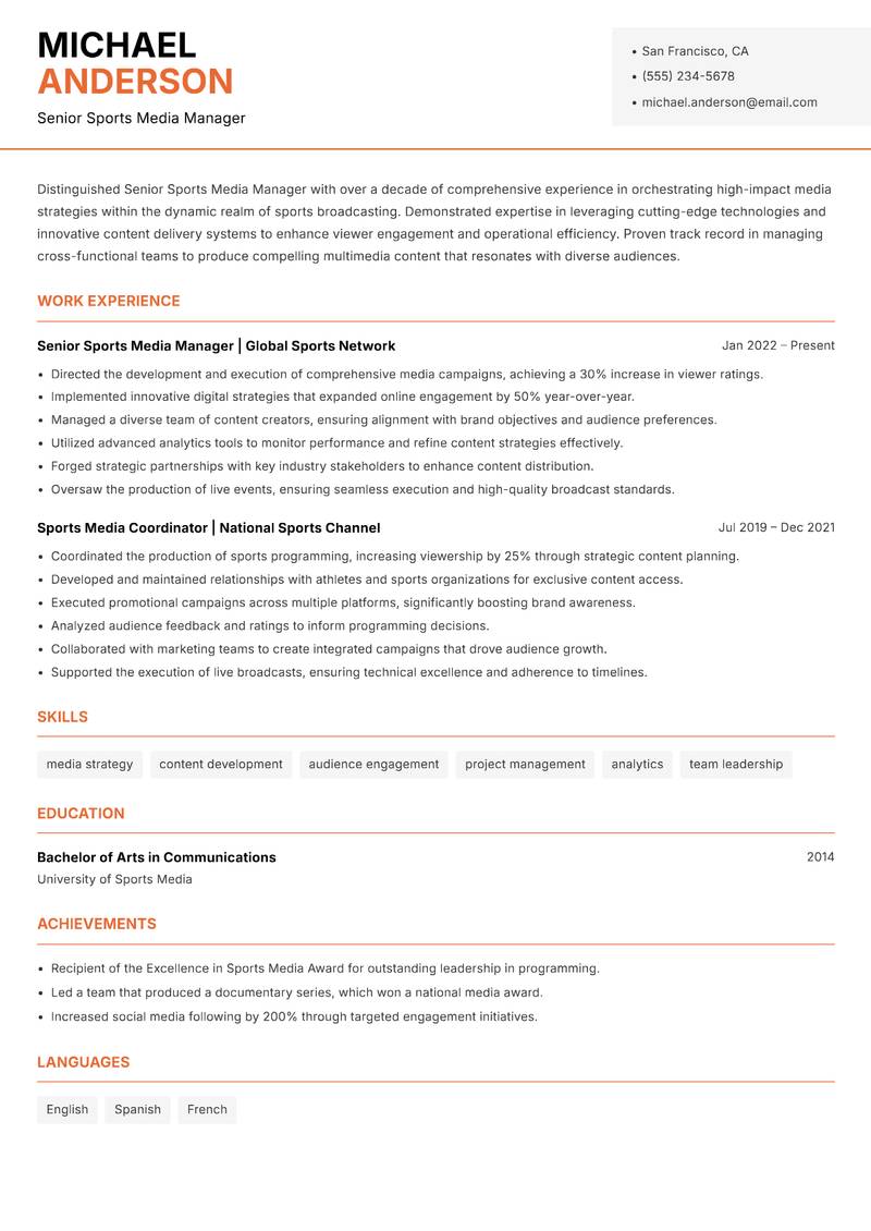 Senior Sports Media Manager resume template — Modern Professional
