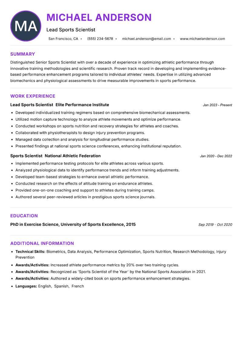 Senior Sports Scientist resume example — ATS-friendly template