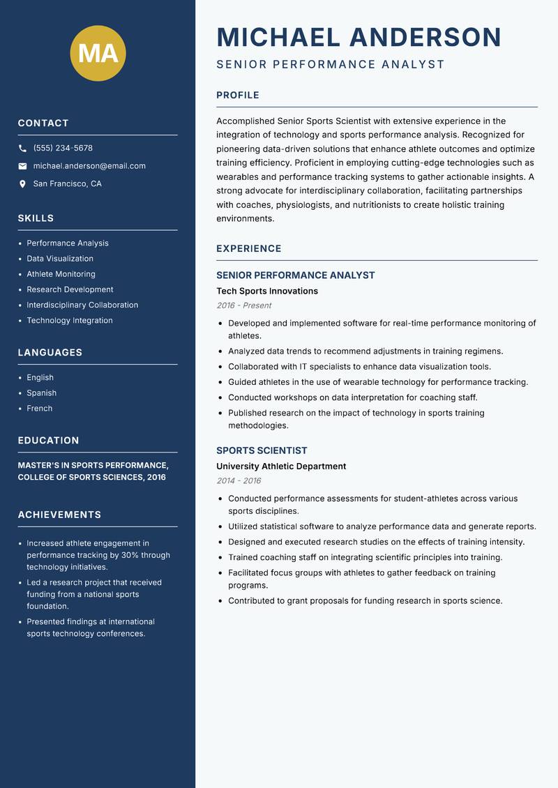 Senior Sports Scientist resume template — Classic Clean
