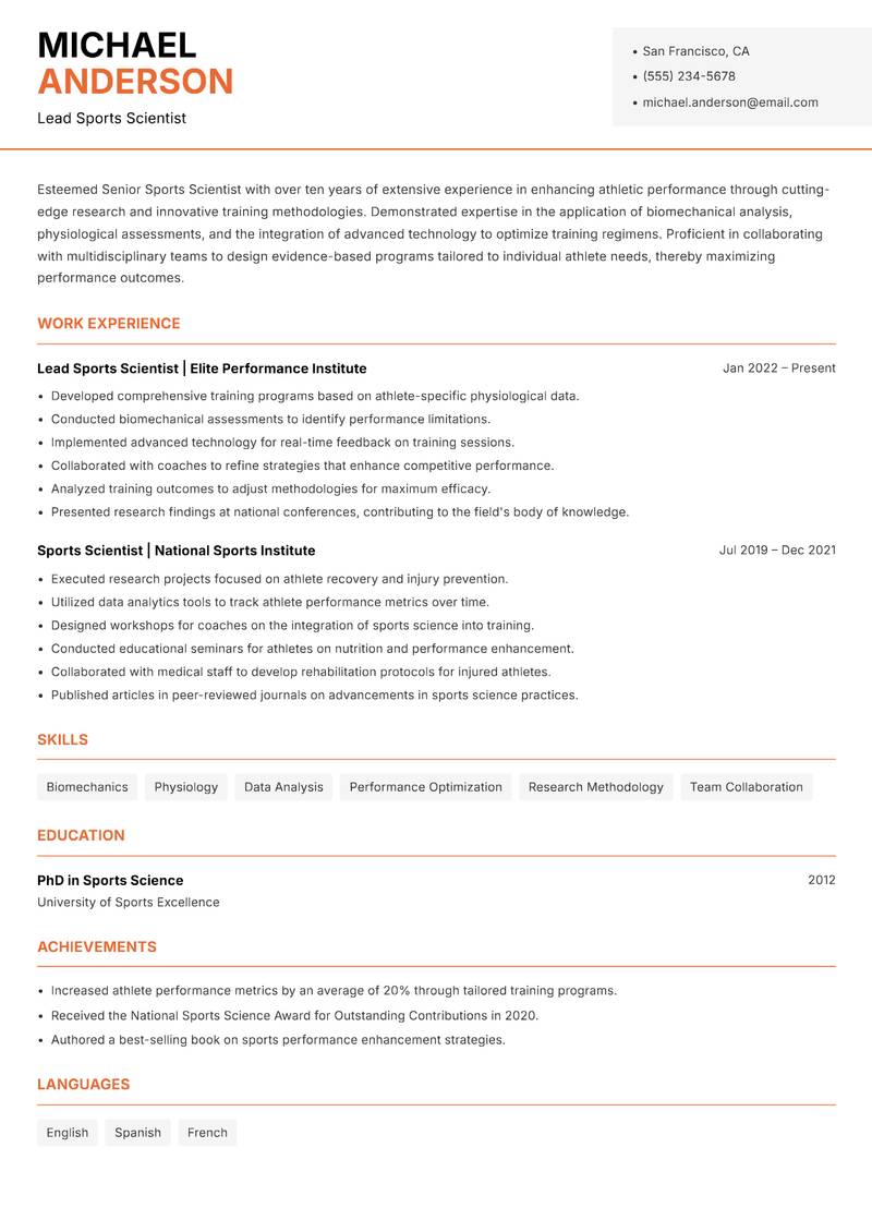 Senior Sports Scientist resume template — Modern Professional