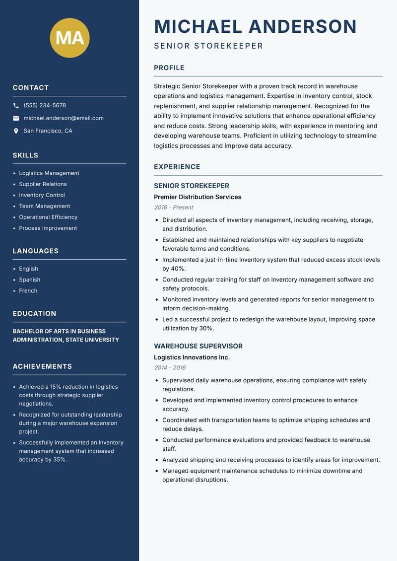 Senior Storekeeper resume template — Classic Clean