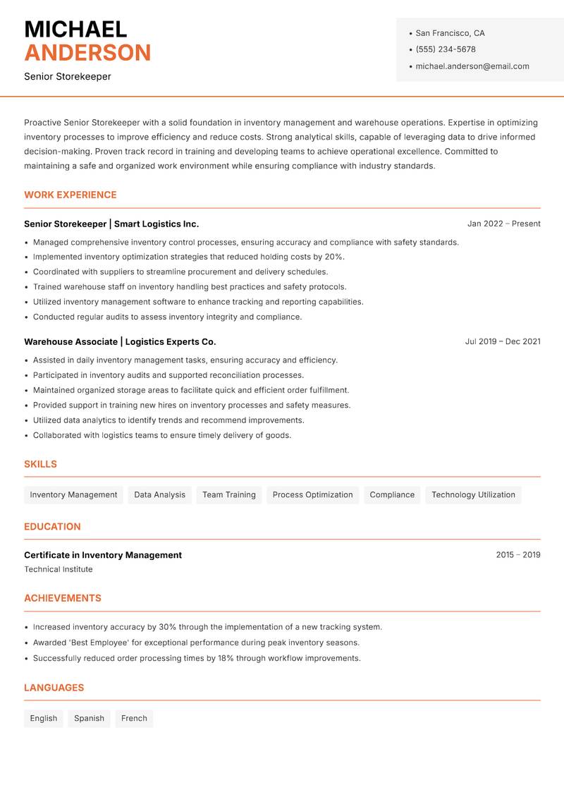 Senior Storekeeper resume template — Modern Professional