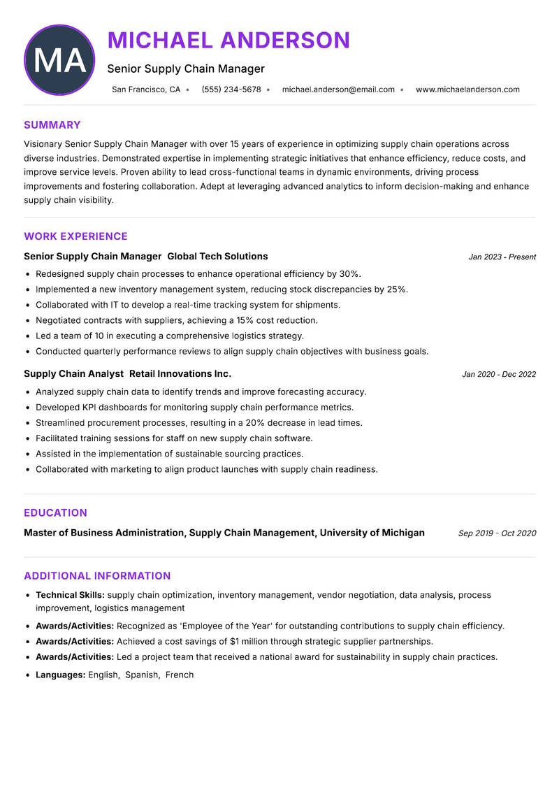 Senior Supply Chain Manager resume example — ATS-friendly template
