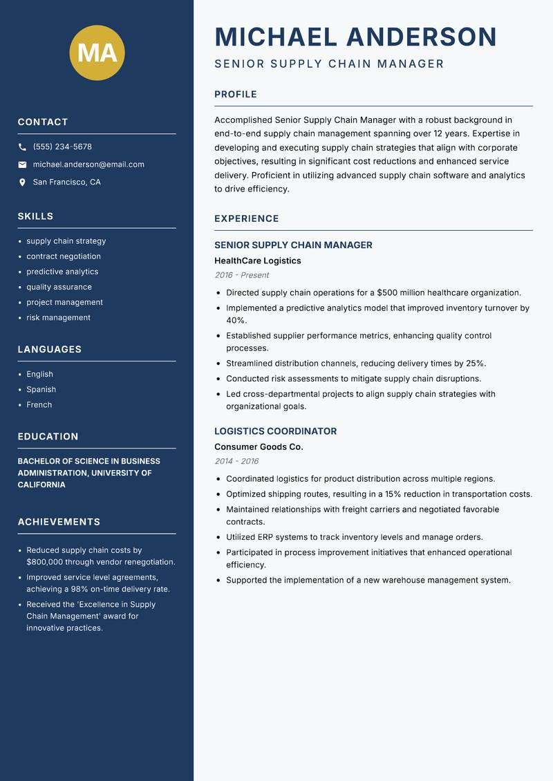 Senior Supply Chain Manager resume template — Classic Clean