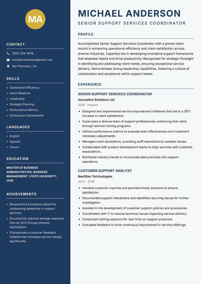 Senior Support Services Coordinator resume template — Classic Clean