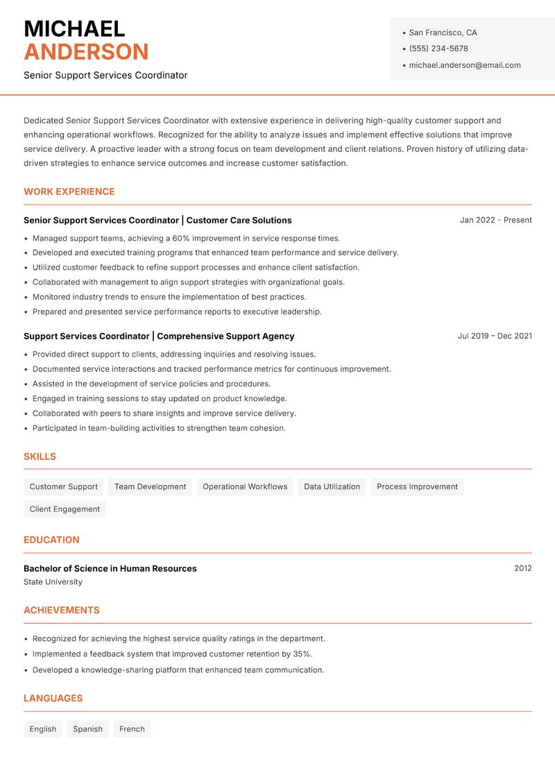 Senior Support Services Coordinator resume template — Modern Professional