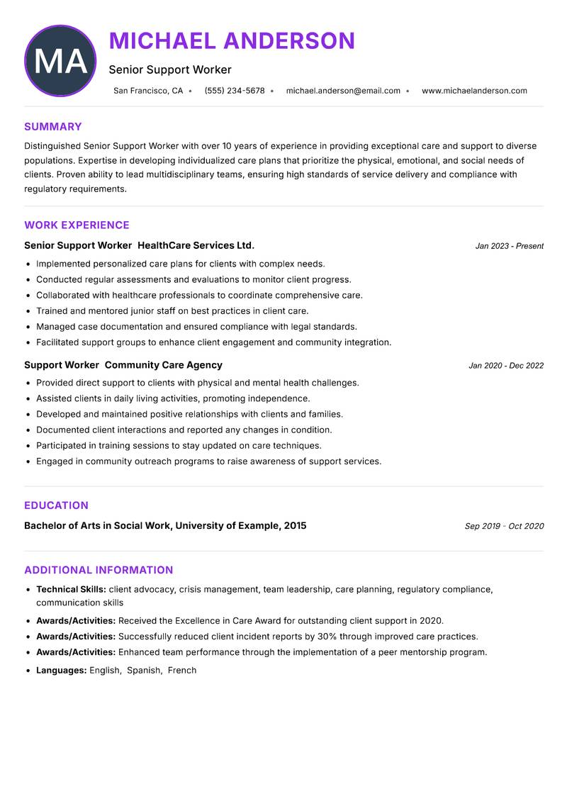 Senior Support Worker resume example — ATS-friendly template