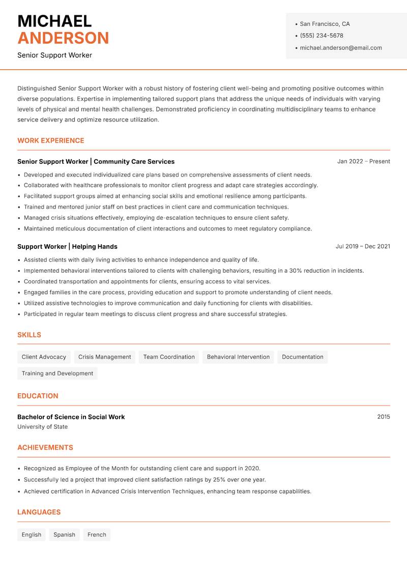 Senior Support Worker resume template — Modern Professional