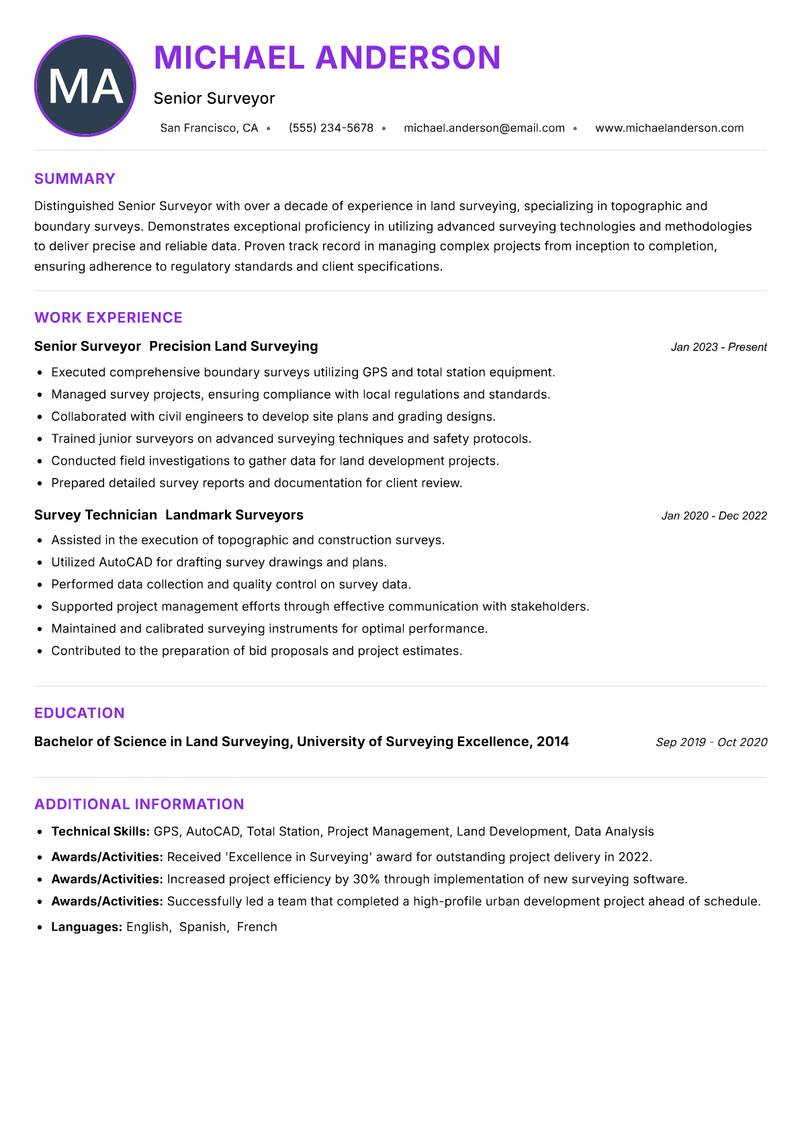 Senior Surveyor resume example — ATS-friendly template