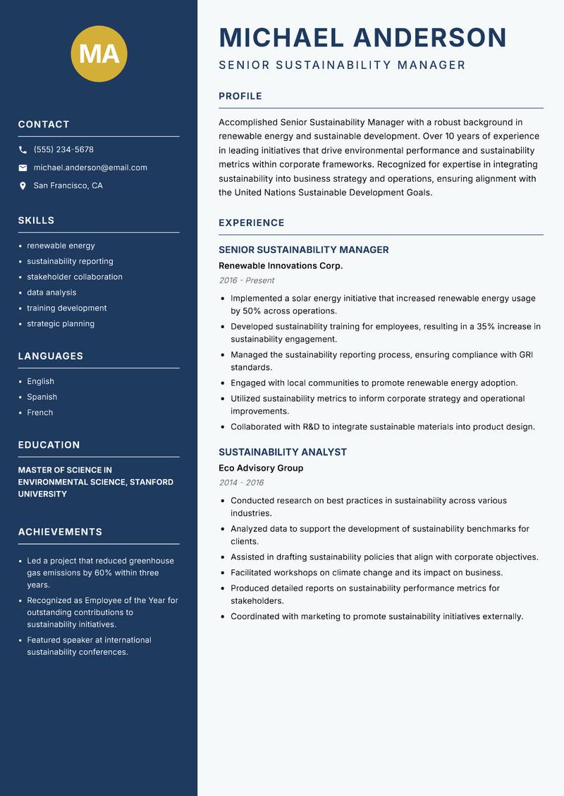 Senior Sustainability Manager resume template — Classic Clean