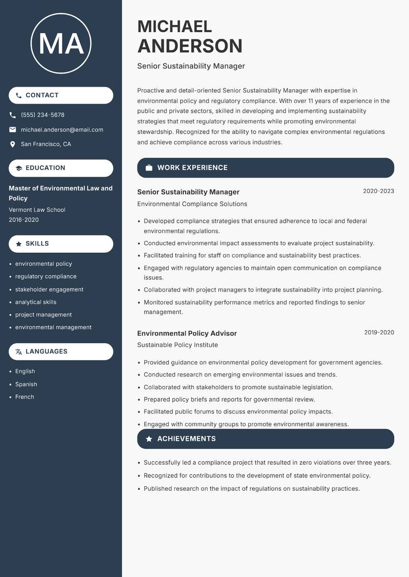 Senior Sustainability Manager resume template — Compact