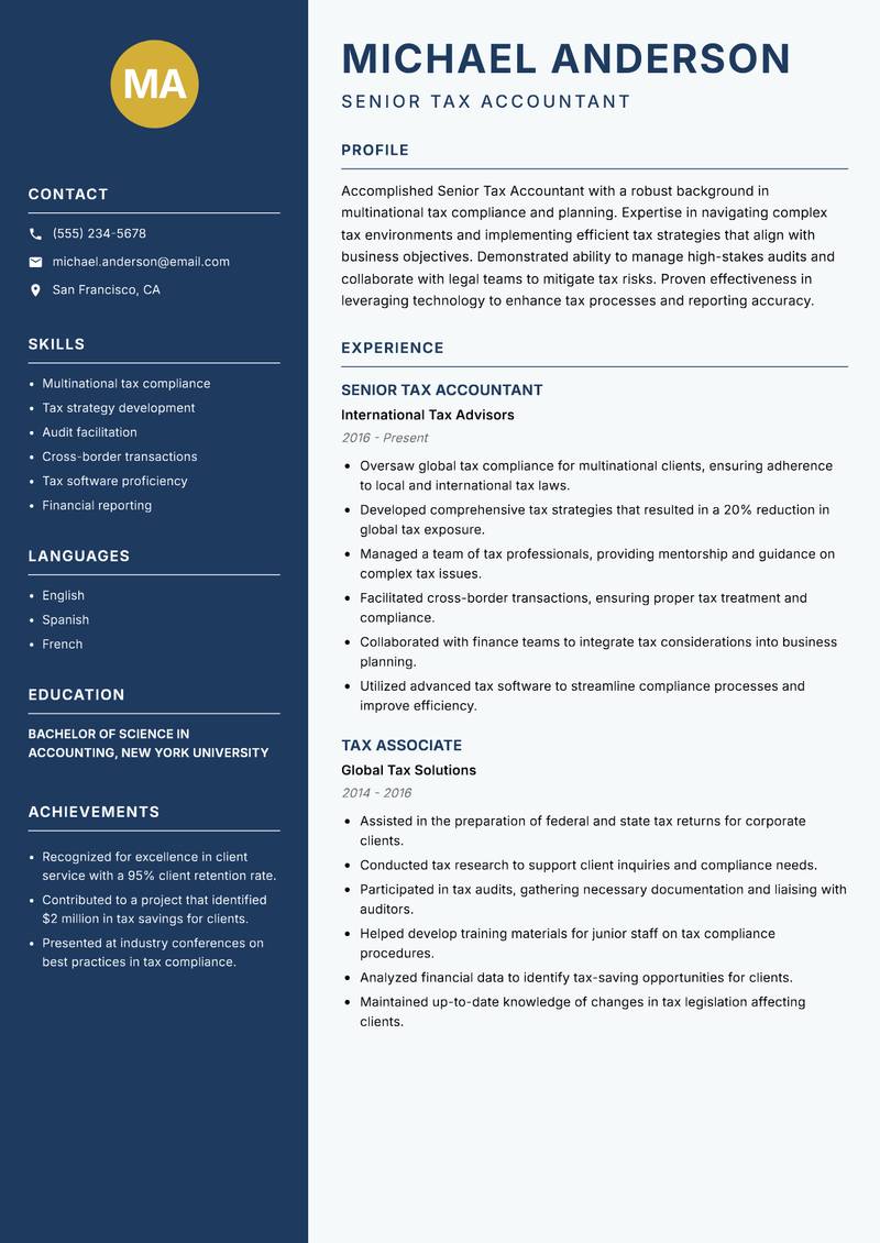 Senior Tax Accountant resume template — Classic Clean