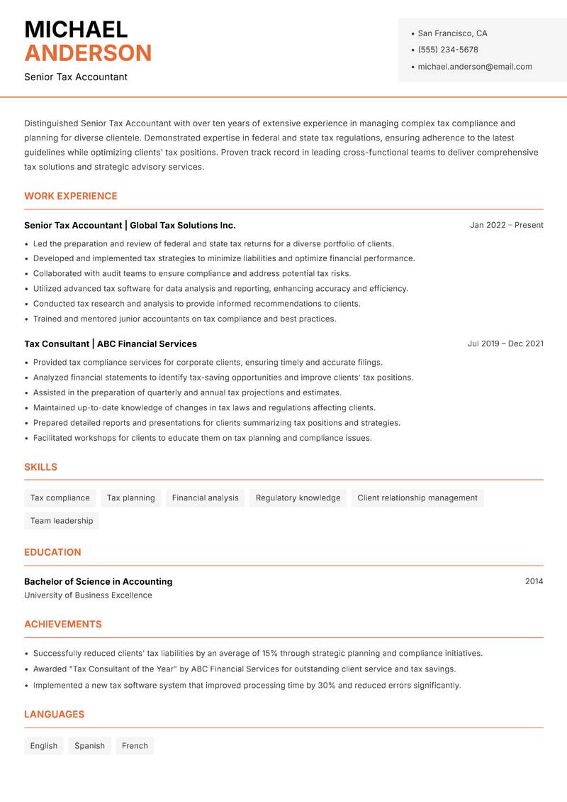 Senior Tax Accountant resume template — Modern Professional