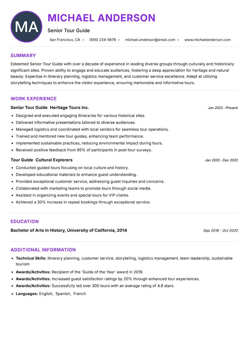 Senior Tour Guide resume example — ATS-friendly template