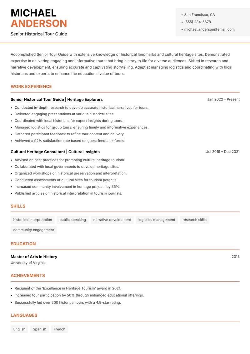 Senior Tour Guide resume template — Modern Professional