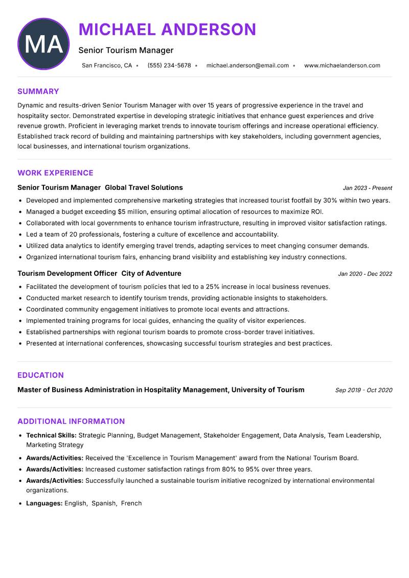 Senior Tourism Manager resume example — ATS-friendly template