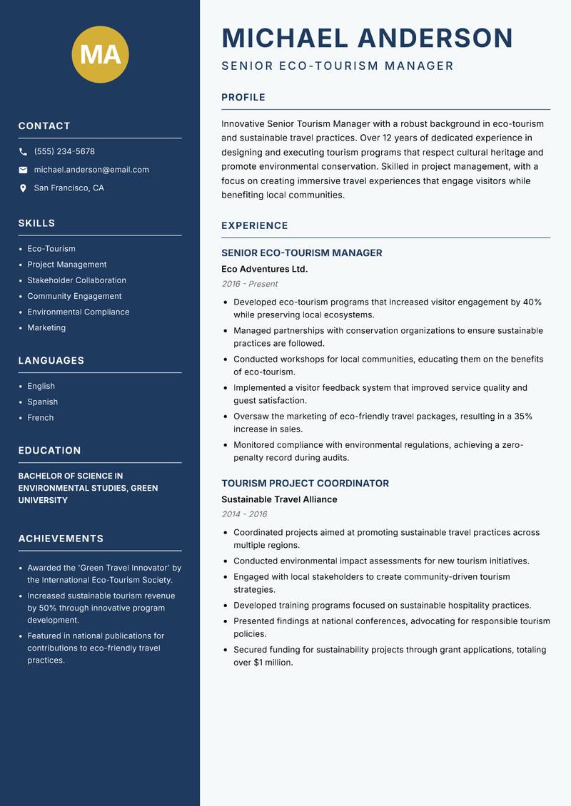 Senior Tourism Manager resume template — Classic Clean