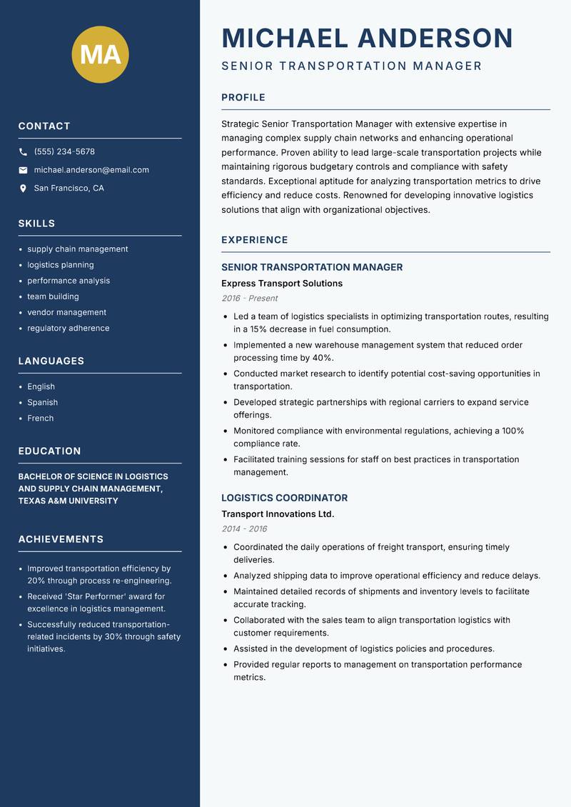 Senior Transportation Manager resume template — Classic Clean