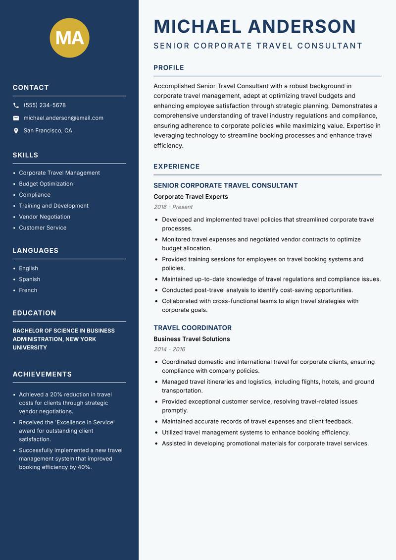 Senior Travel Consultant resume template — Classic Clean