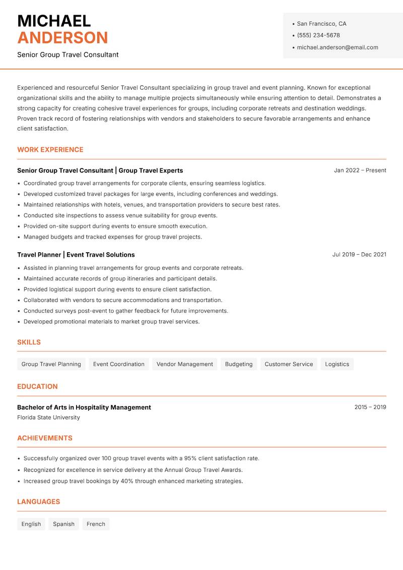 Senior Travel Consultant resume template — Modern Professional